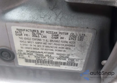 2004 Nissan Sentra Se-R Spec V z USA, uszkodzony, nr VIN 3N1AB51A64L473500
